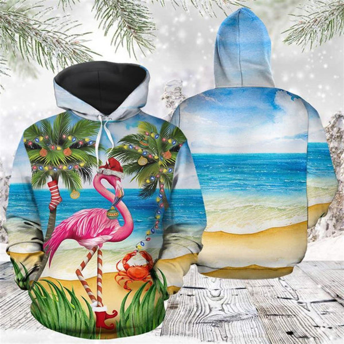 FUNSTUFFPRINT 3D Flamingo Christmas Beach All Over 3D Hoodie and Zip Hoodie