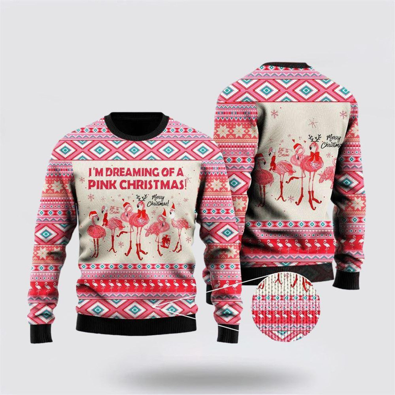 FUNSTUFFPRINT Flamingo Dreaming Of A Pink Christmas Ugly Sweater - Christmas Gifts For Frends Ugly Sweater