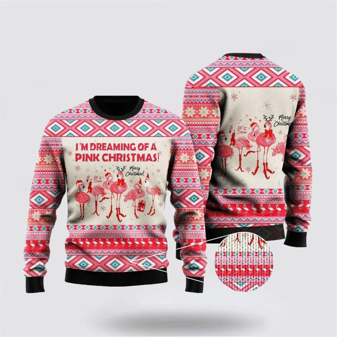 FUNSTUFFPRINT Flamingo Dreaming Of A Pink Christmas Ugly Sweater - Christmas Gifts For Frends Ugly Sweater
