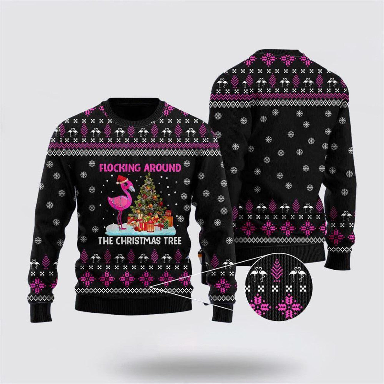 FUNSTUFFPRINT Flamingo Flocking Around The Christmas Tree Ugly Sweater - Christmas Gifts For Frends Ugly Sweater