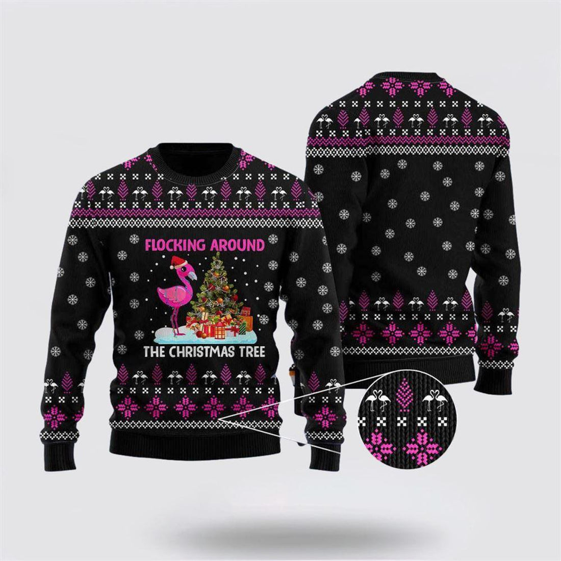 FUNSTUFFPRINT Flamingo Flocking Around The Christmas Tree Ugly Sweater - Christmas Gifts For Frends Ugly Sweater