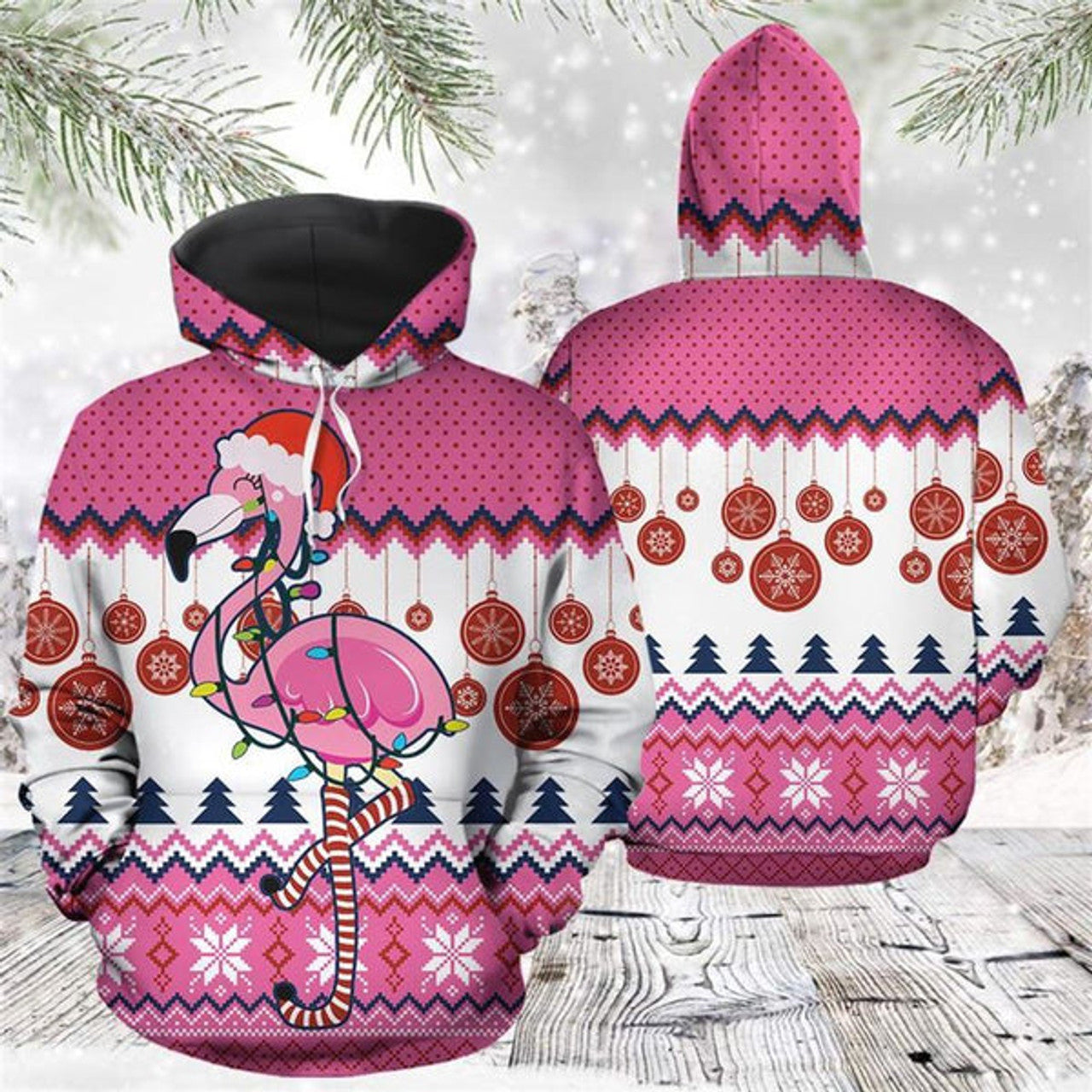 FUNSTUFFPRINT 3D Flamingo Merry Christmas All Over 3D Hoodie and Zip Hoodie