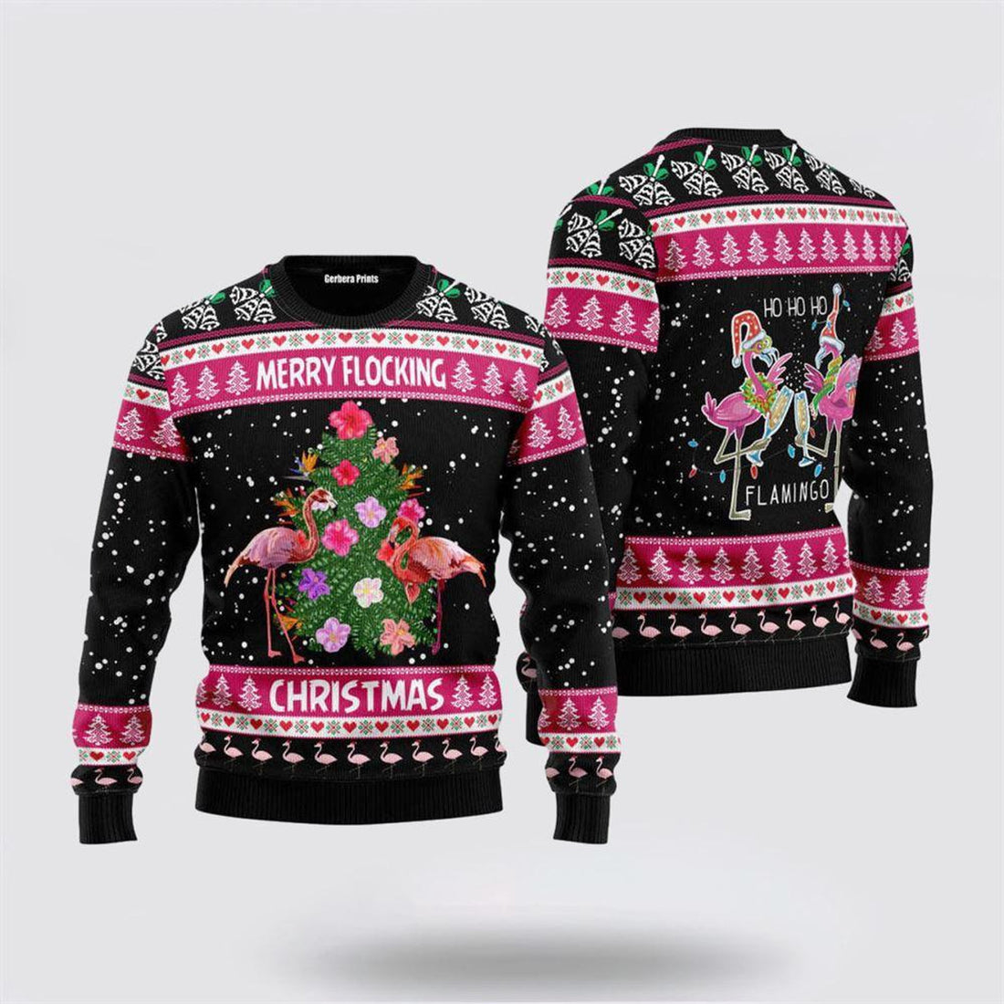 FUNSTUFFPRINT Flamingo Merry Flocking Christmas Ugly Christmas Sweater – Christmas Gifts For Frends Ugly  Sweater