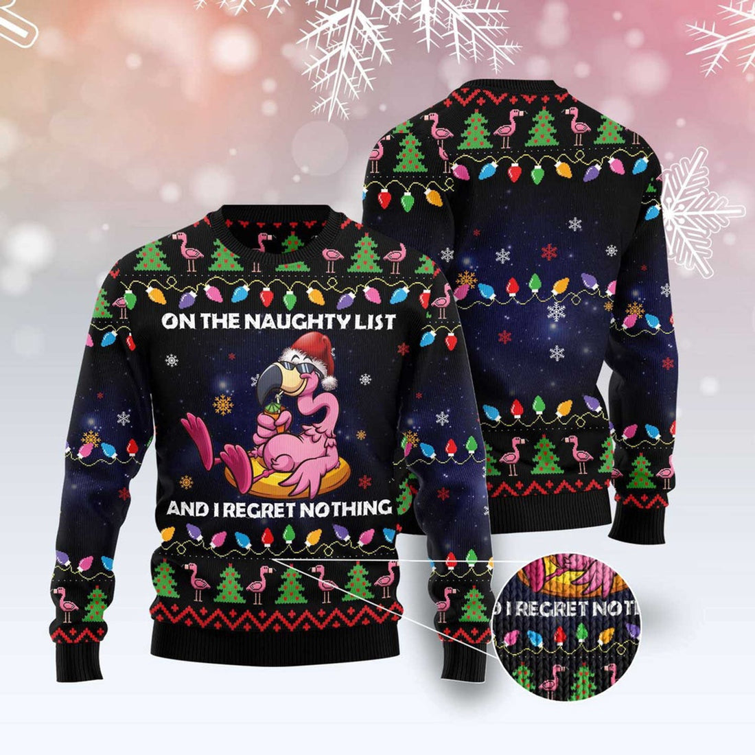 FUNSTUFFPRINT Flamingo On The Naughty List Ugly Christmas Sweater, Christmas Sweater, Ugly Sweater, Funny Xmas Sweaters Ugly Sweater