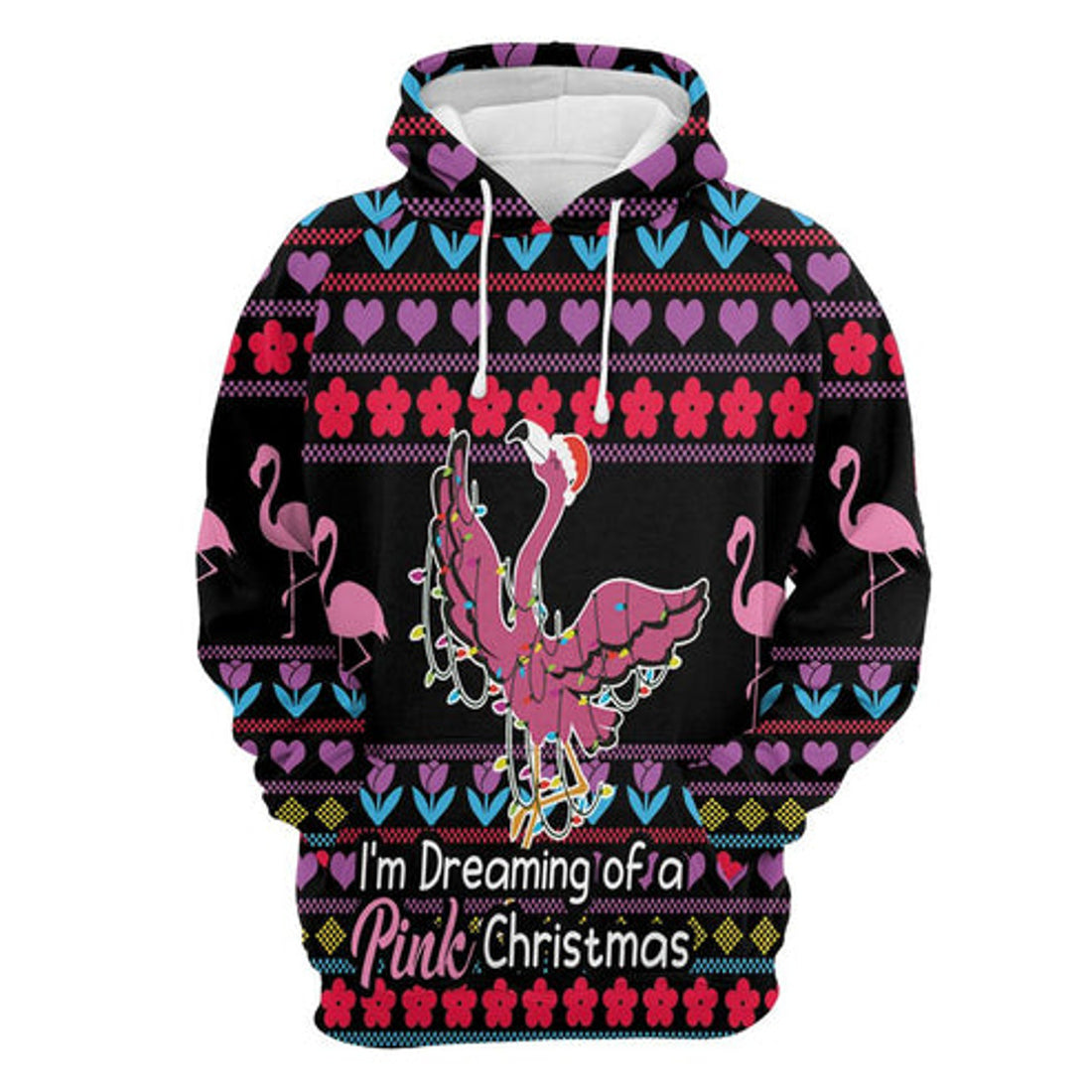 FUNSTUFFPRINT 3D Flamingo Pink Christmas All Over 3D Hoodie and Zip Hoodie
