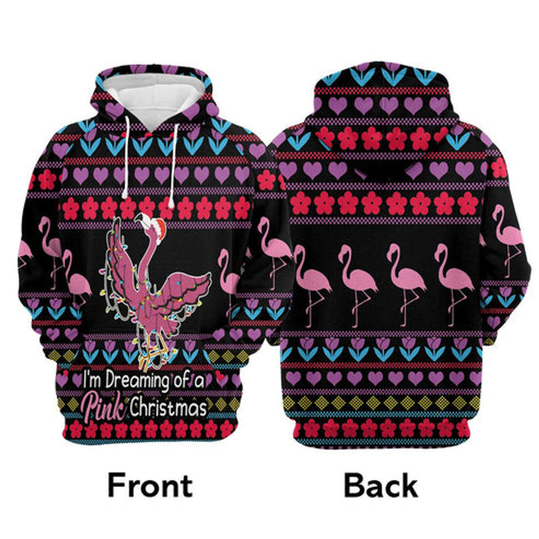 FUNSTUFFPRINT 3D Flamingo Pink Christmas All Over 3D Hoodie and Zip Hoodie