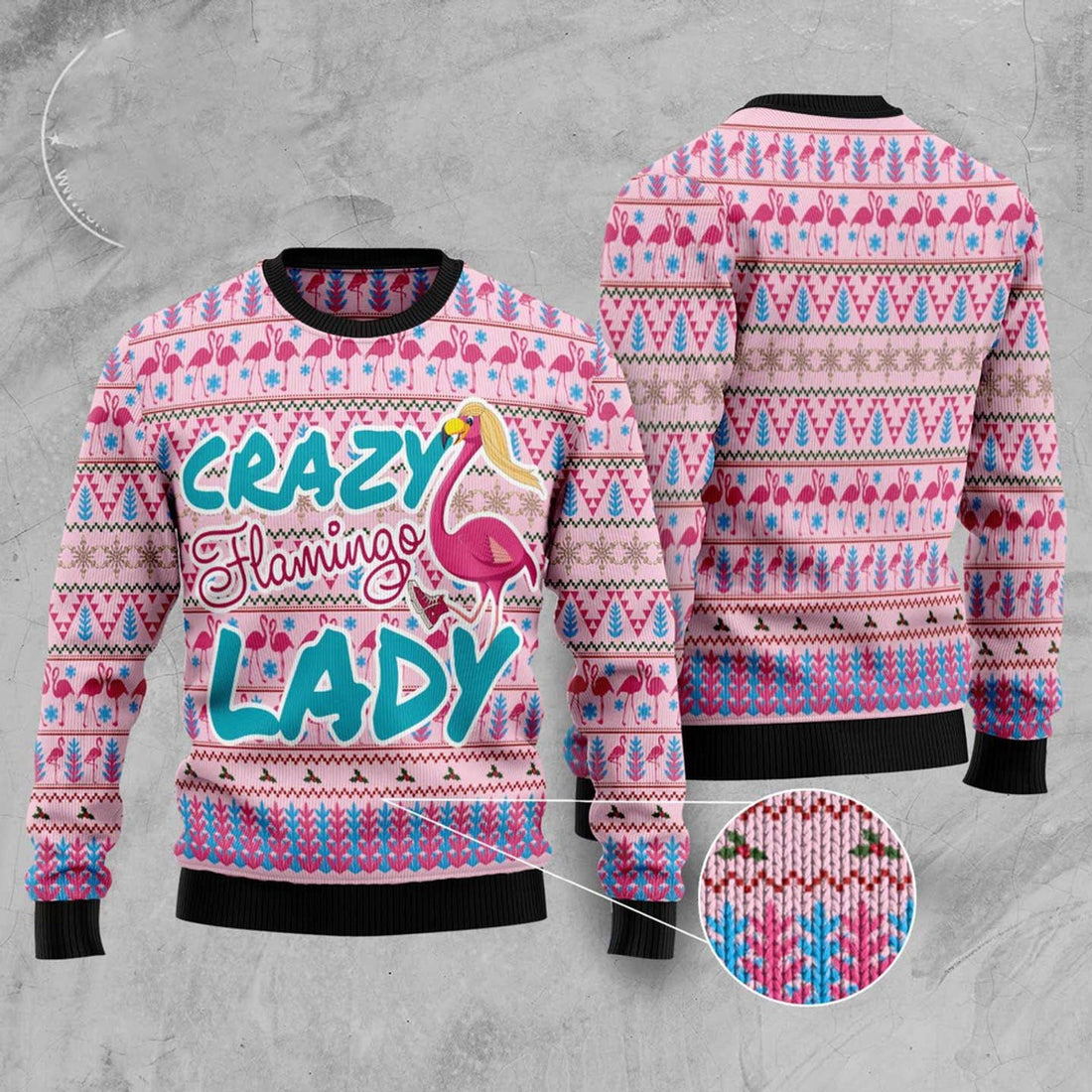 FUNSTUFFPRINT Flamingo Pink Flamingo Lady Ugly Christmas Sweater, Christmas Sweater, Ugly Sweater, Funny Xmas Sweaters Ugly Sweater