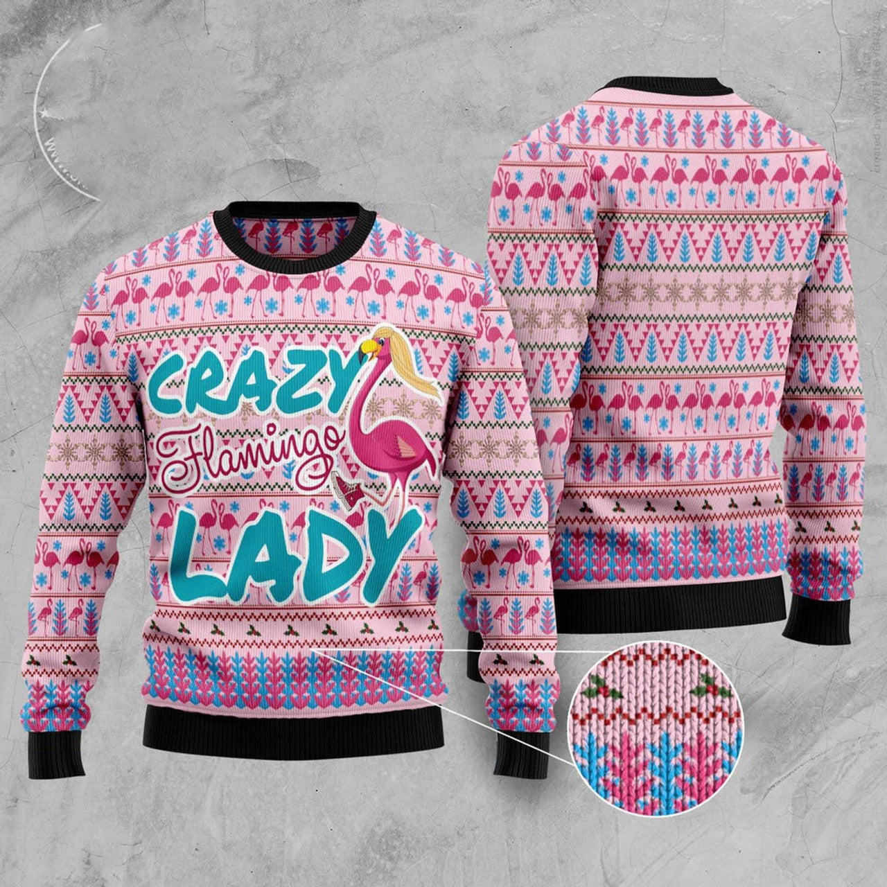 FUNSTUFFPRINT Flamingo Pink Flamingo Lady Ugly Christmas Sweater, Christmas Sweater, Ugly Sweater, Funny Xmas Sweaters Ugly Sweater