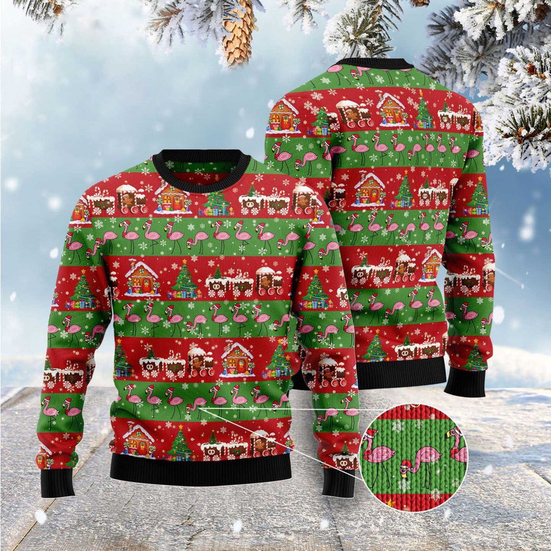 FUNSTUFFPRINT Flamingo Snow Ugly Christmas Sweater, Christmas Sweater, Ugly Sweater, Funny Xmas Sweaters Ugly Sweater