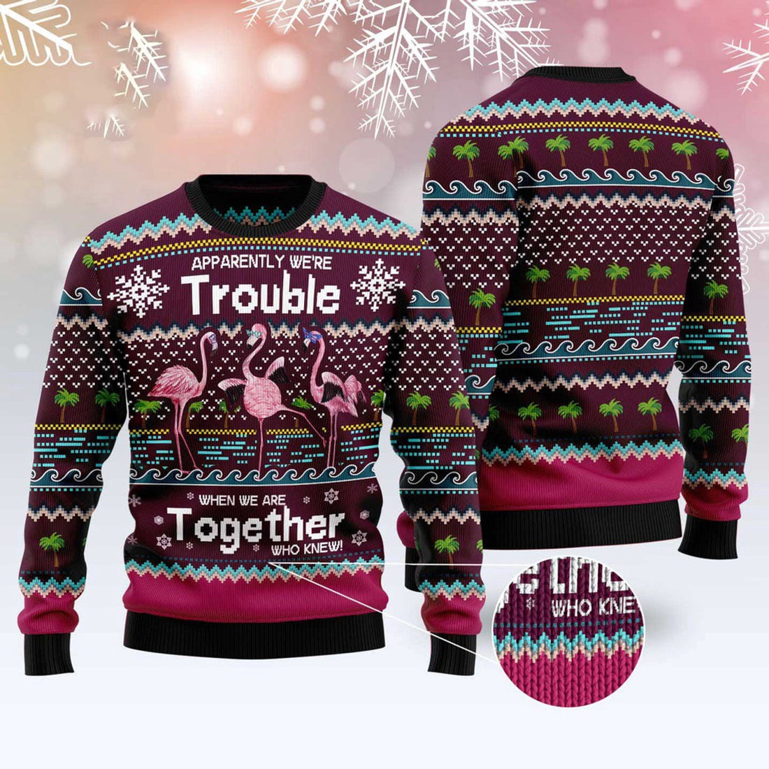 FUNSTUFFPRINT Flamingo Trouble Ugly Christmas Sweater, Christmas Sweater, Ugly Sweater, Funny Xmas Sweaters Ugly Sweater