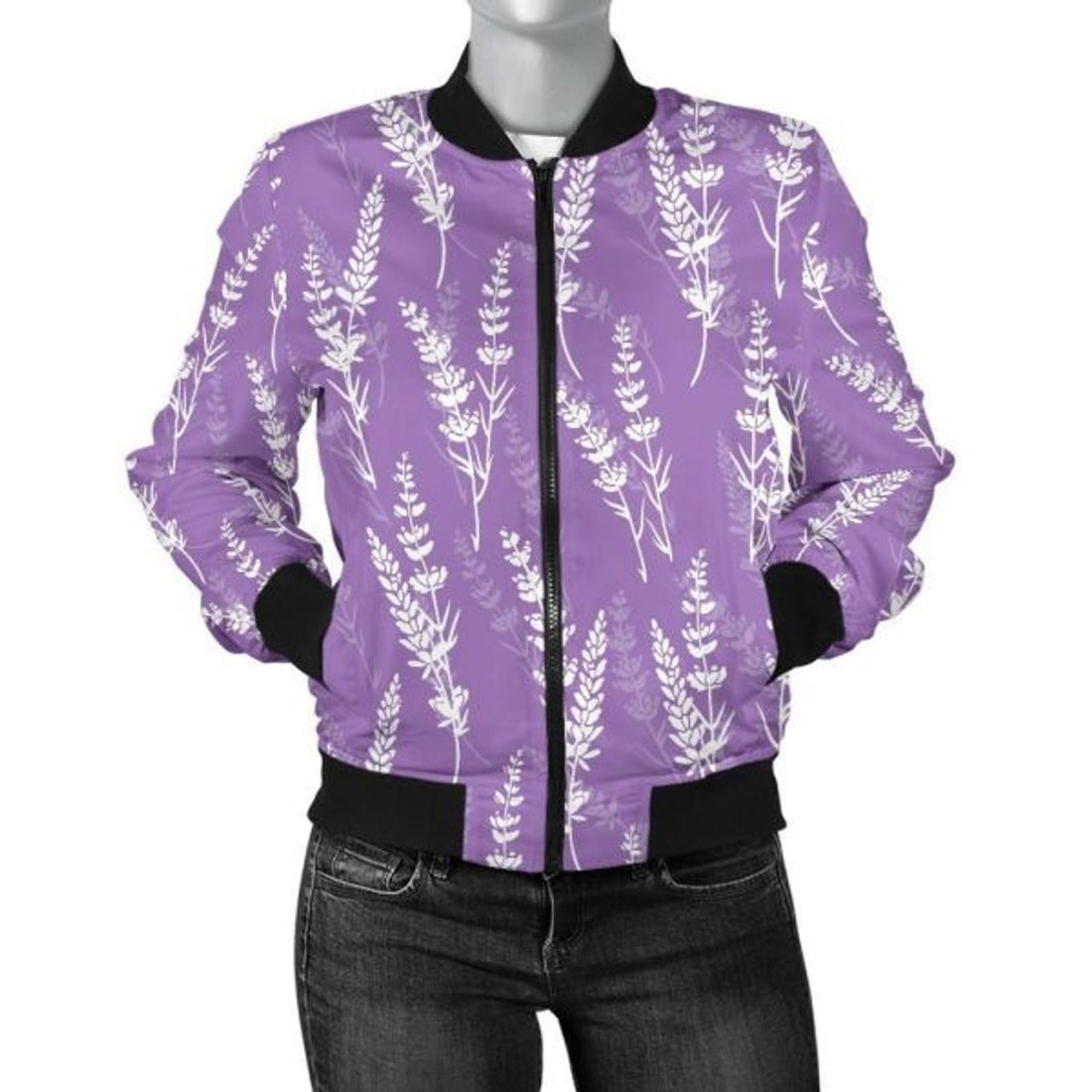 FUNSTUFFPRINT Floral Lavender Print Pattern Women Casual 3D Bomber Jacket