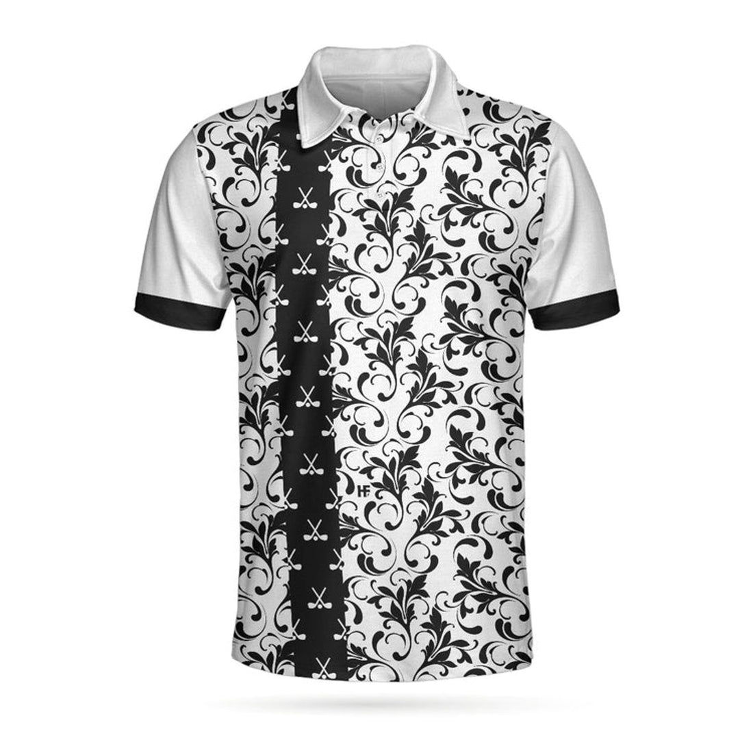 Floral Golf Pattern In White Polo Shirt, Black And White Polo Shirt, Floral Golf Shirt For Men