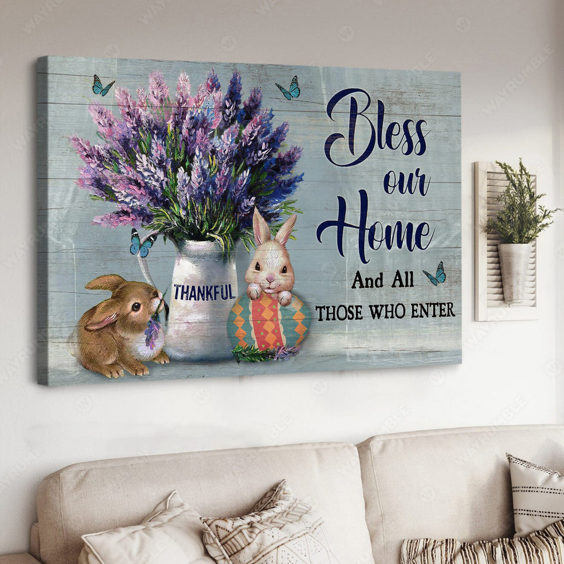 Flower Lover, Rabbit Poster, Bunny Butterfly Bless Our Home And All Those Who Enter Poster and Canvas