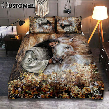 Flower Garden Jesus Hugging A Horse Quilt Bedding Set Art - Bible Verse Bedroom