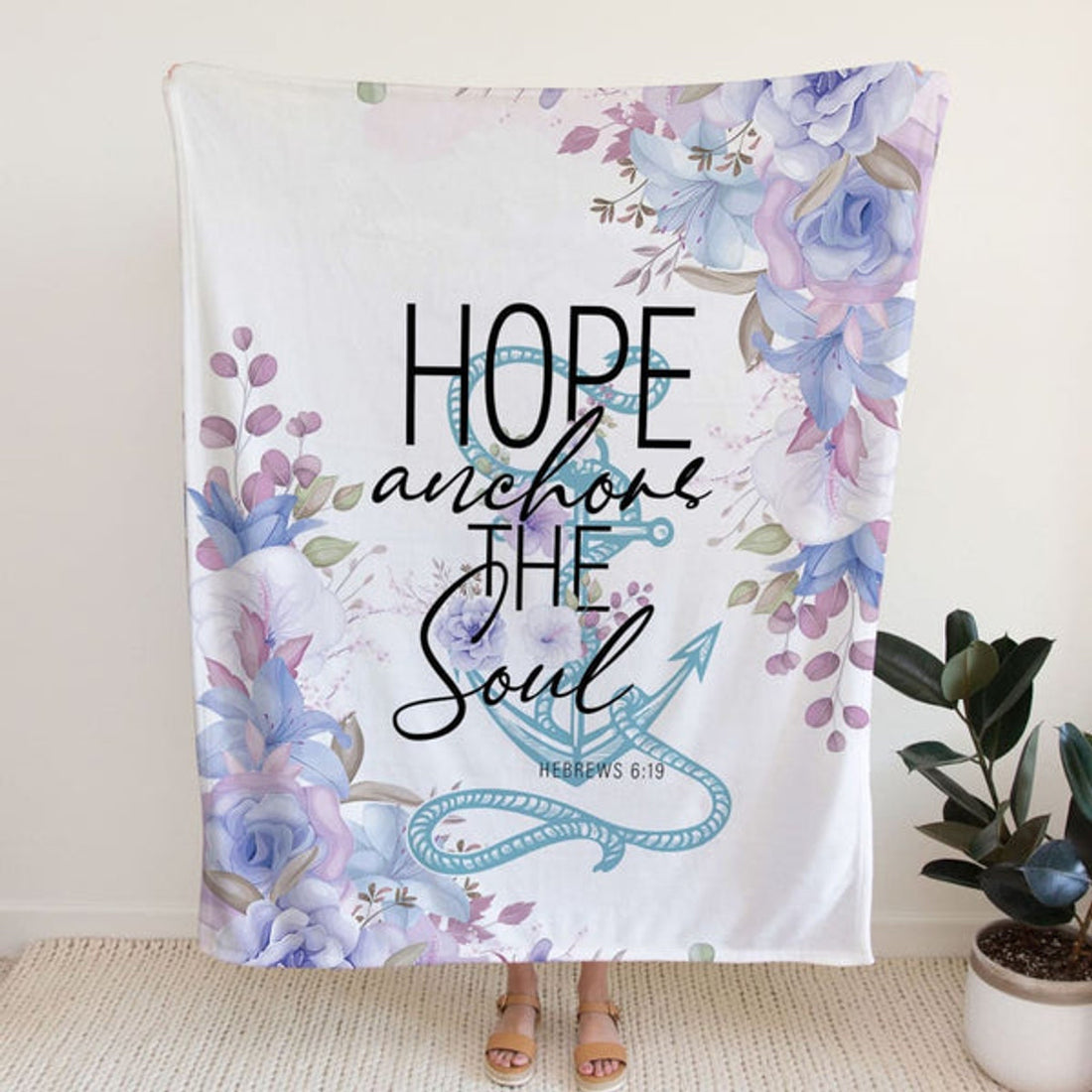 FUNSTUFFPRINT Flower Hope Anchors The Soul Fleece Blanket - Christian Blanket - Bible Verse Blanket