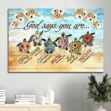 Flower Painting On The Beach Sea Turtles Bible Verse God Says You Are Canvas Wall Art - Christian Wall Decor