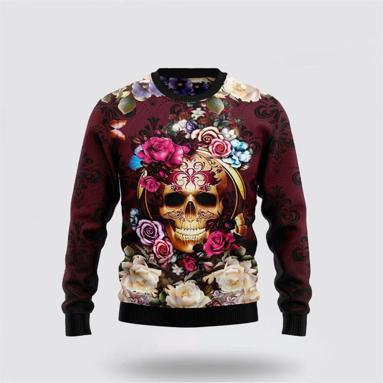 FUNSTUFFPRINT Flower Skull Ugly Christmas Sweater – Christmas Gifts For Frends Ugly  Sweater