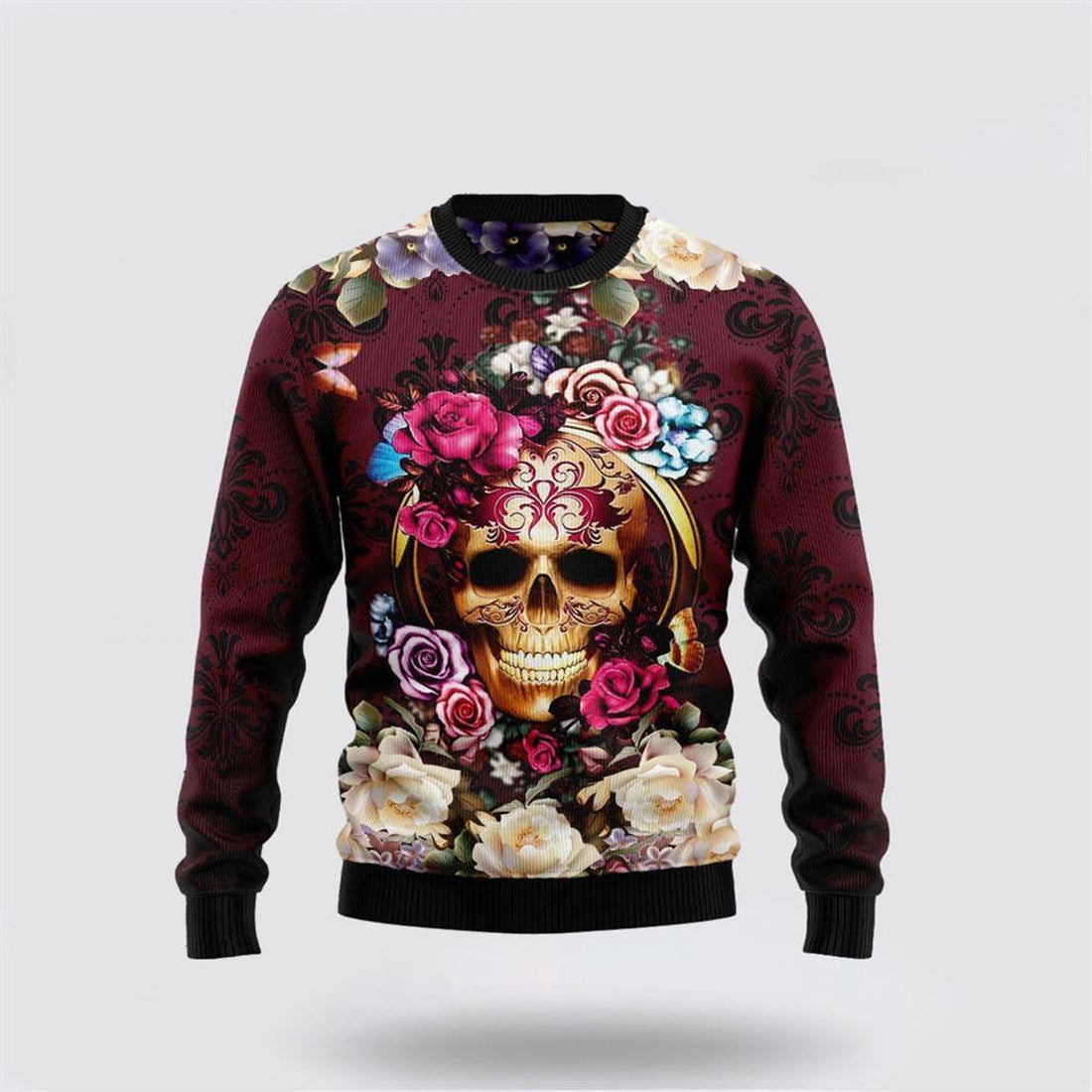 FUNSTUFFPRINT Flower Skull Ugly Christmas Sweater – Christmas Gifts For Frends Ugly  Sweater