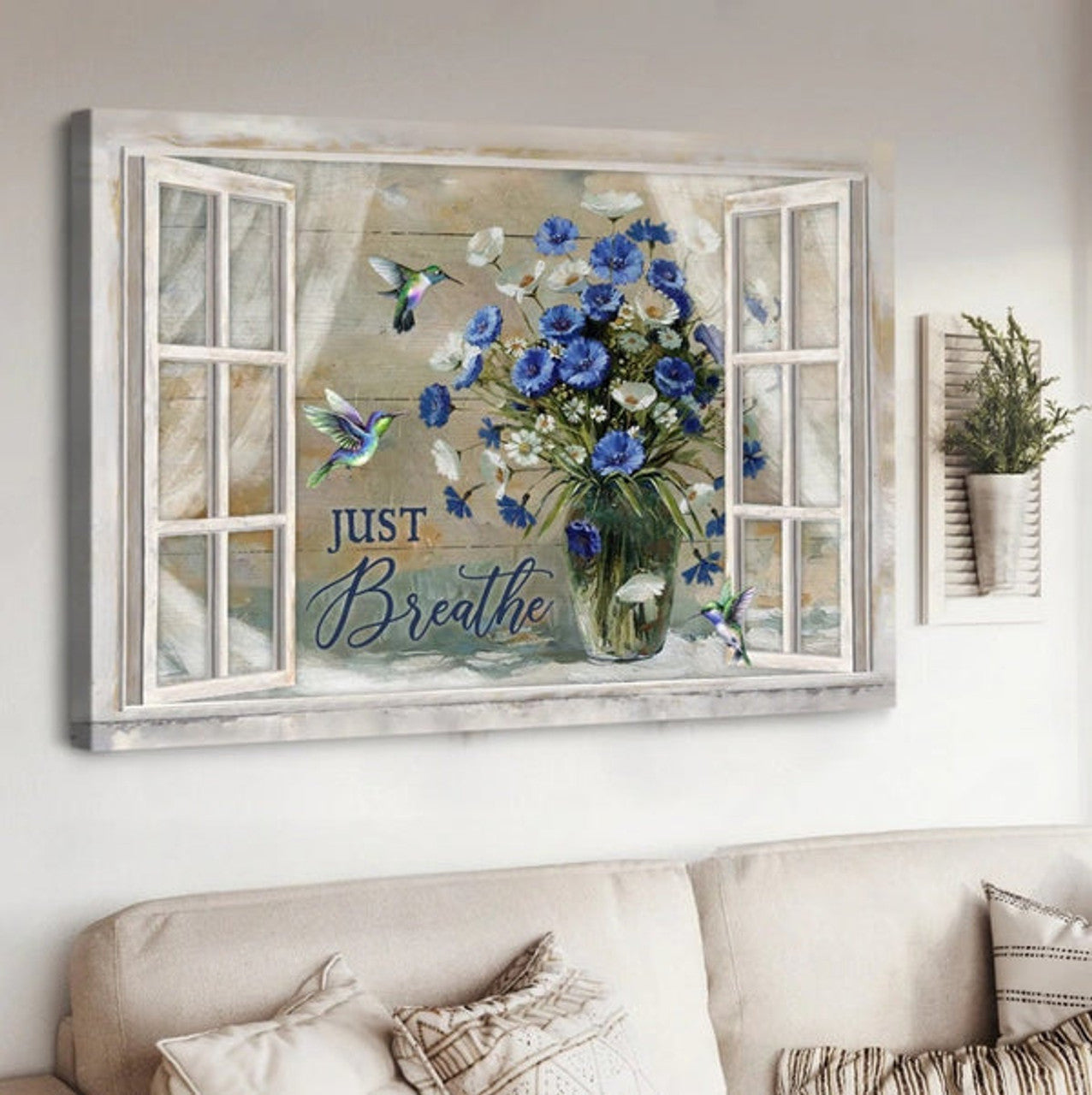 Flower Vase Hummingbird Just Breathe Canvas Wall Art - Christian Poster - Religious Wall Decor