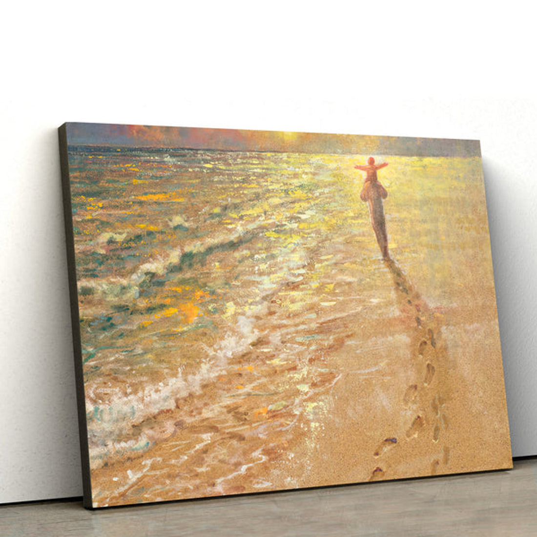 Footprints In The Sand Canvas Wall Art - Jesus & A Child Walk On The Beach Poster - Jesus Christ Canvas - Gift For Christian 