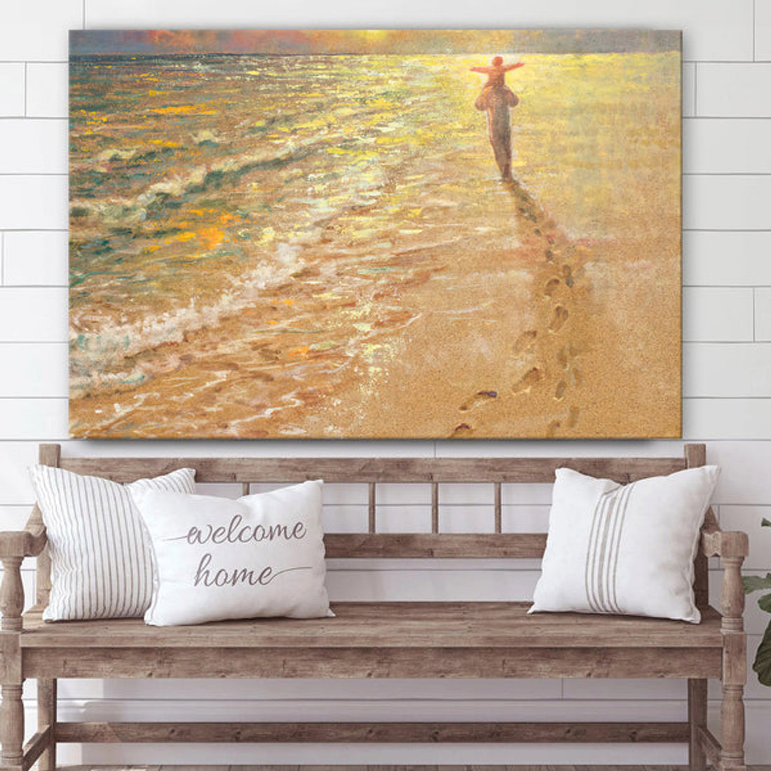 Footprints In The Sand Canvas Wall Art - Jesus & A Child Walk On The Beach Poster - Jesus Christ Canvas - Gift For Christian 