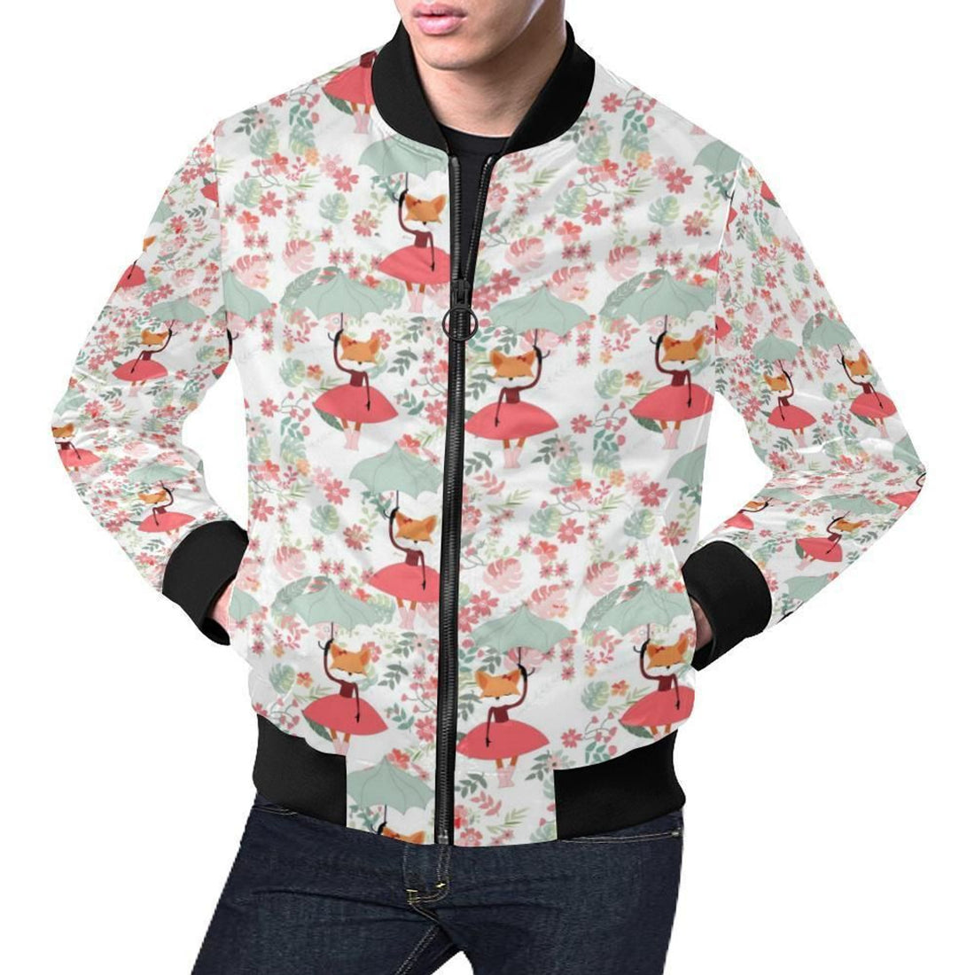 FUNSTUFFPRINT Fox Girl Flower Pattern Print Men's 3D Bomber Jacket