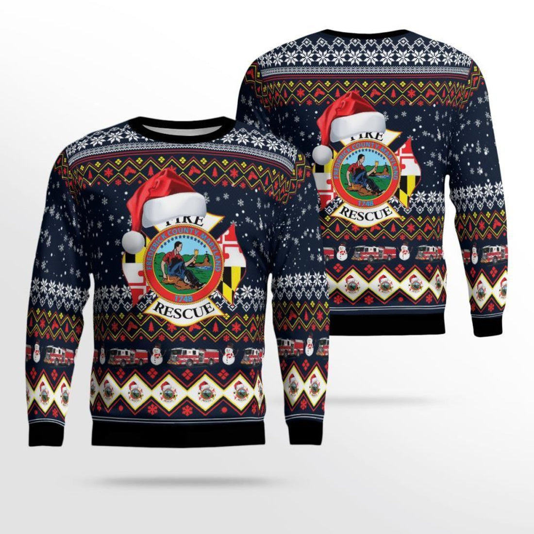 FUNSTUFFPRINT Frederick County Fire & Rescue 3D Ugly Christmas Sweater – Christmas Gifts For Firefighters Ugly  Sweater