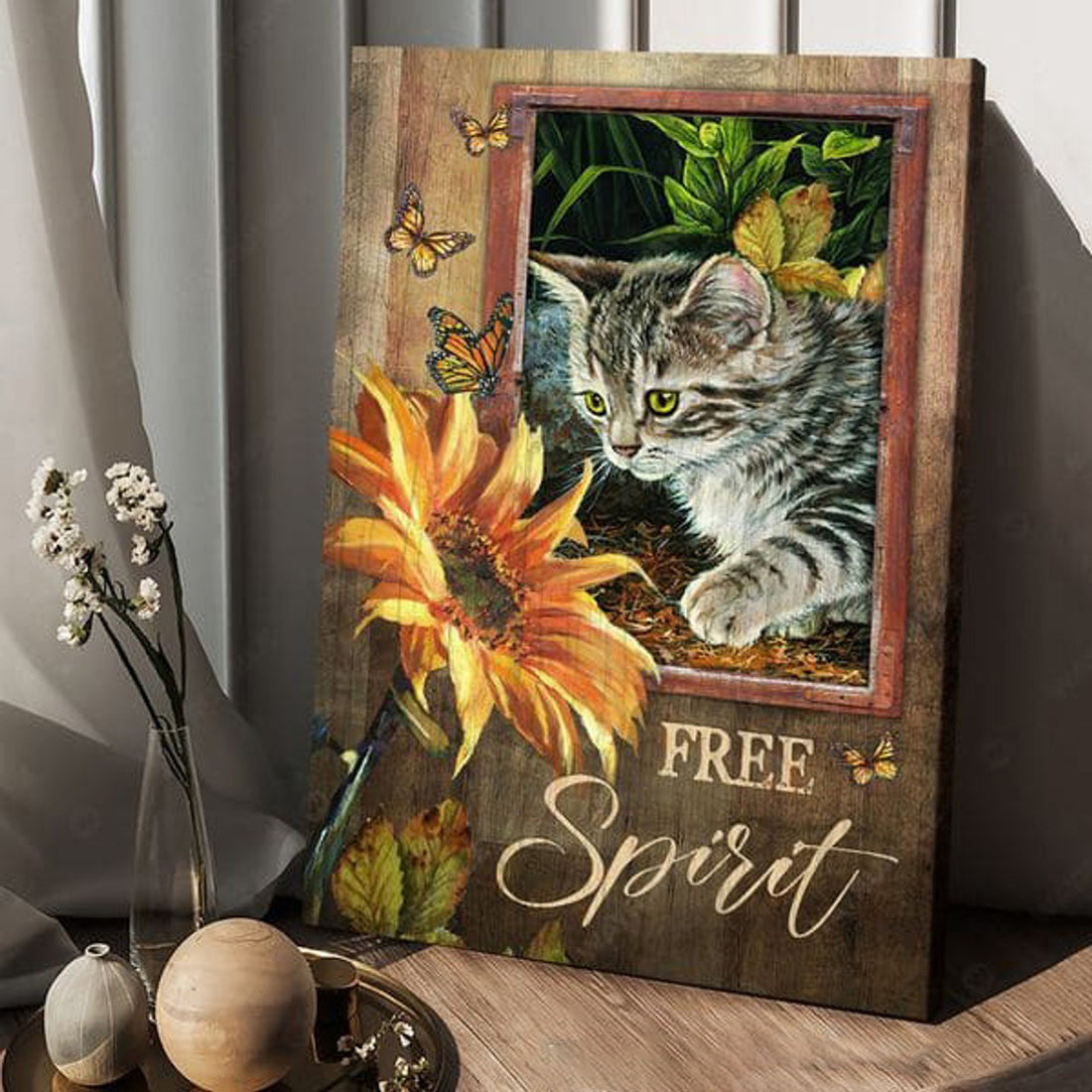 Free Spirit, Cat Lover, Butterfly Flower Poster and Canvas