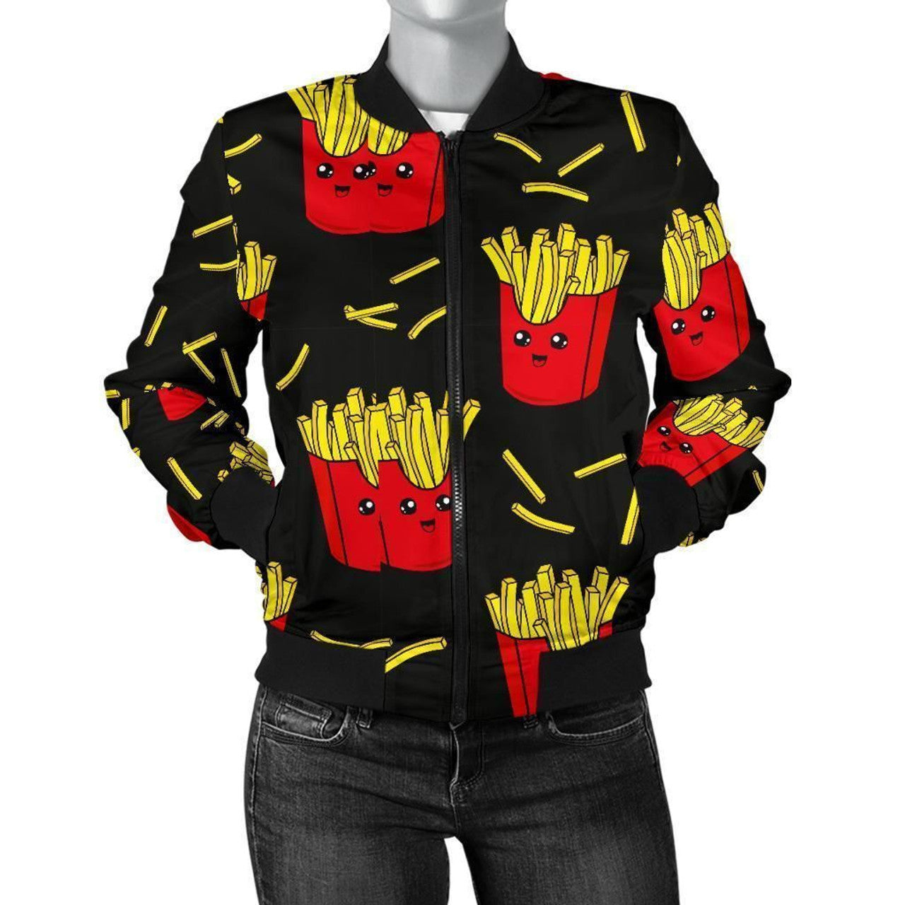 FUNSTUFFPRINT French Fries Cartoon Print Pattern Women Casual 3D Bomber Jacket