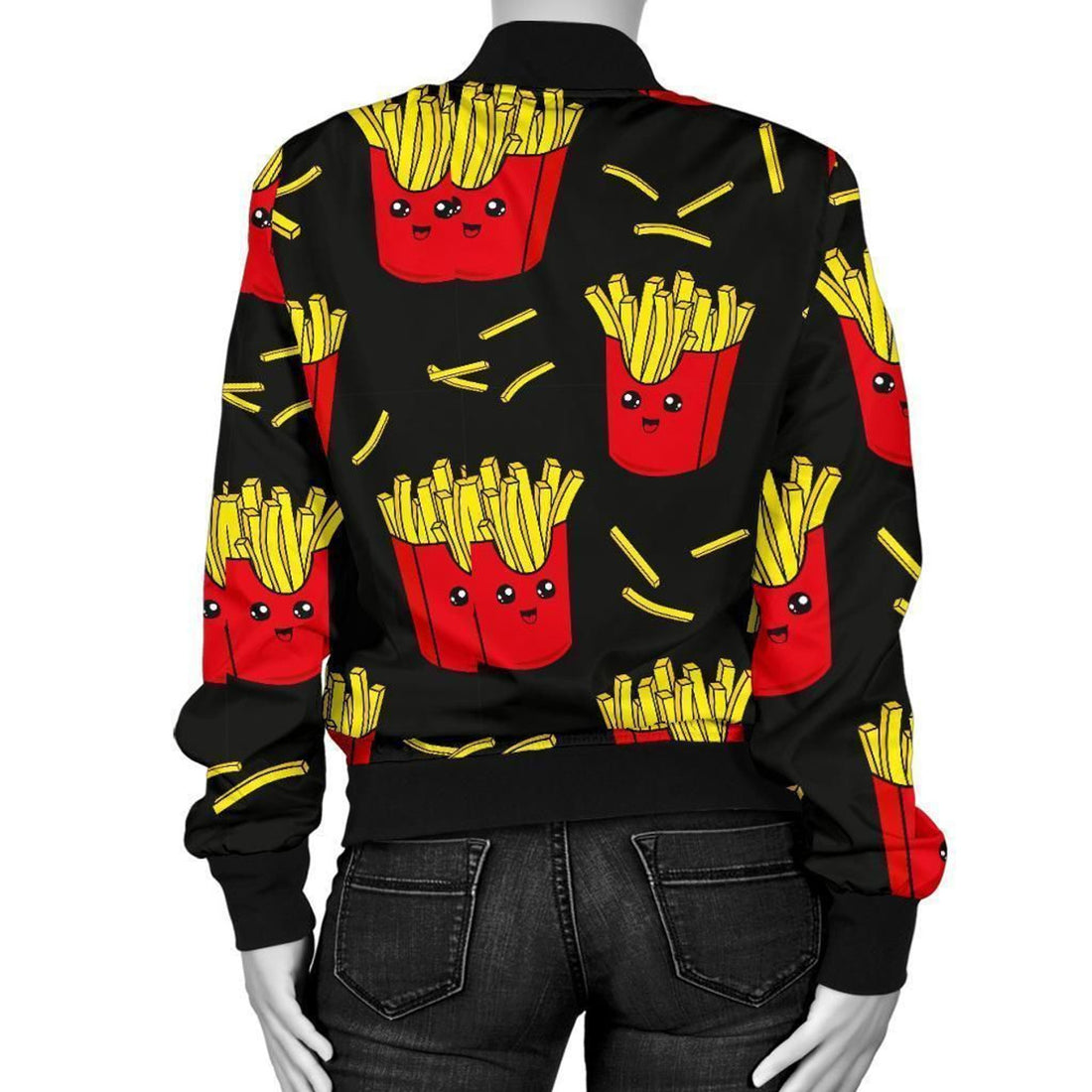 FUNSTUFFPRINT French Fries Cartoon Print Pattern Women Casual 3D Bomber Jacket