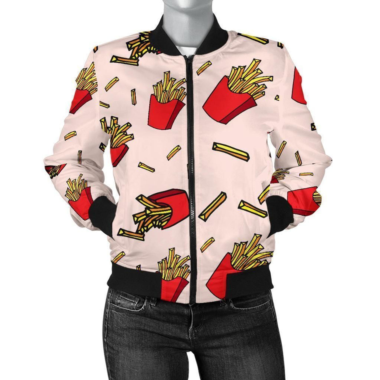 FUNSTUFFPRINT French Fries Pattern Print Women Casual 3D Bomber Jacket