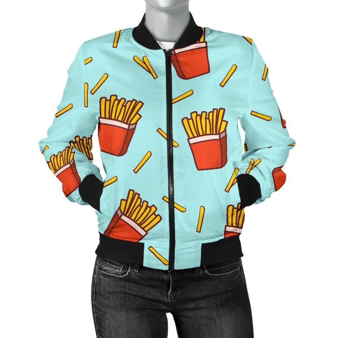 FUNSTUFFPRINT French Fries Print Pattern Women Casual 3D Bomber Jacket