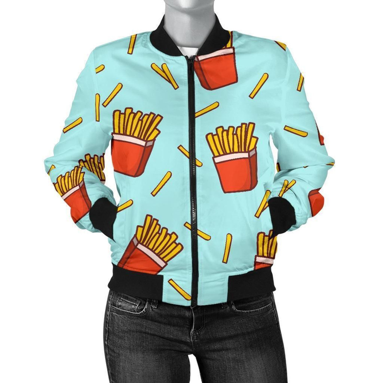 FUNSTUFFPRINT French Fries Print Pattern Women Casual 3D Bomber Jacket