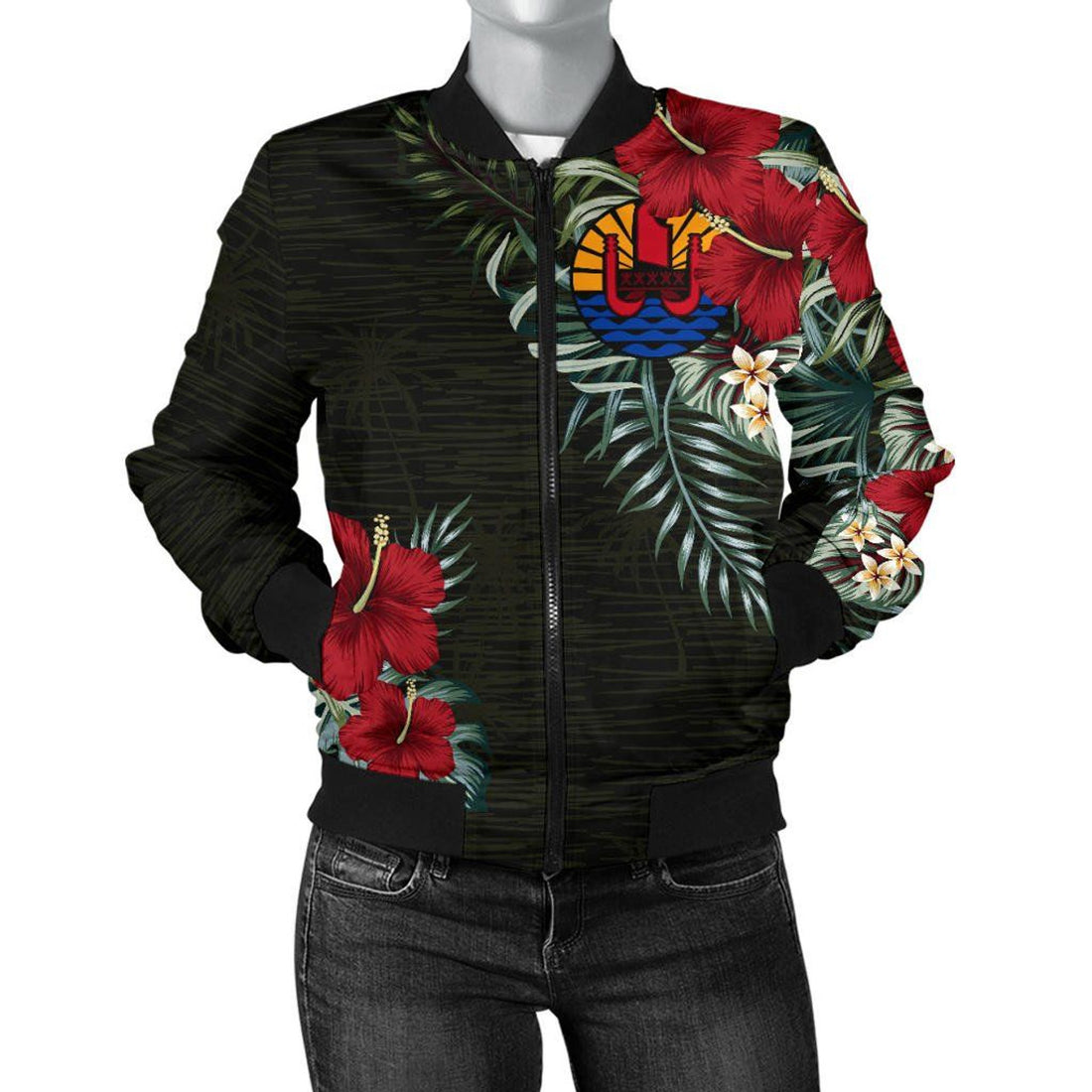 FUNSTUFFPRINT French Polynesia Hibiscus Women's 3D Bomber Jacket