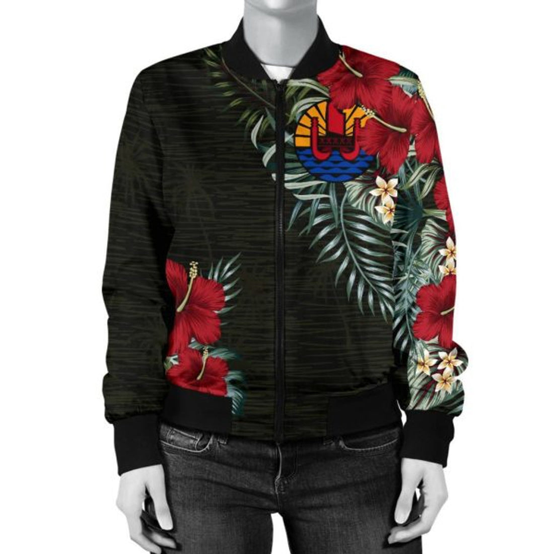 FUNSTUFFPRINT French Polynesia Hibiscus Women's 3D Bomber Jacket