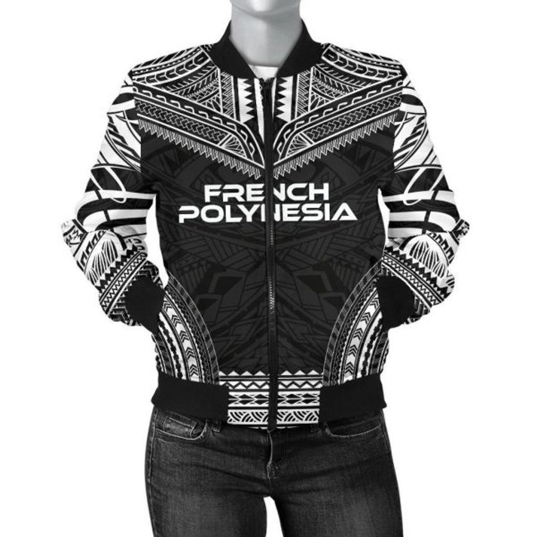 FUNSTUFFPRINT French Polynesia Polynesian Chief Women'S Bomber Jacket - Black Version -