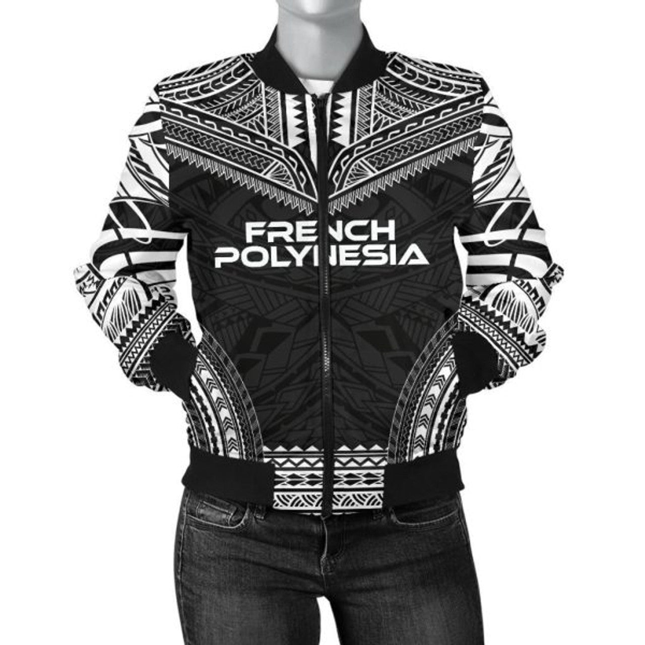 FUNSTUFFPRINT French Polynesia Polynesian Chief Women'S Bomber Jacket - Black Version -