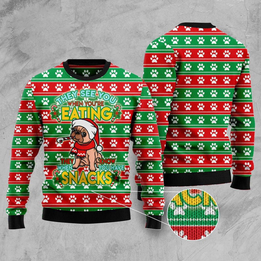 FUNSTUFFPRINT French Bulldog See You Eating Snacks Ugly Christmas Sweater, Dog Ugly Christmas Sweater, Ugly Dog Sweaters Ugly  Sweater