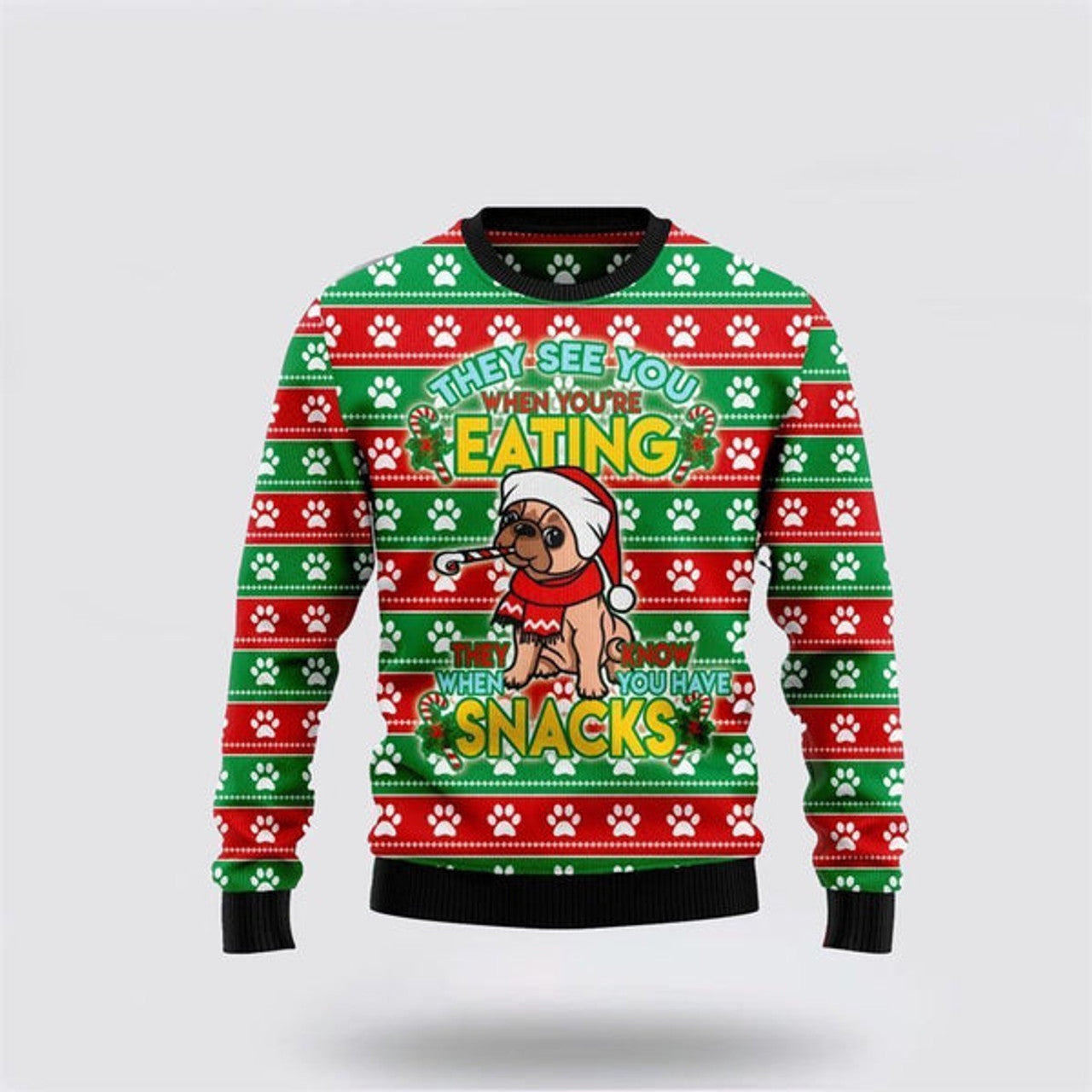 FUNSTUFFPRINT French Bulldog See You Eating Snacks Ugly Christmas Sweater For Men And Women, Gift For Christmas, Best Winter Christmas Outfit Ugly  Sweater