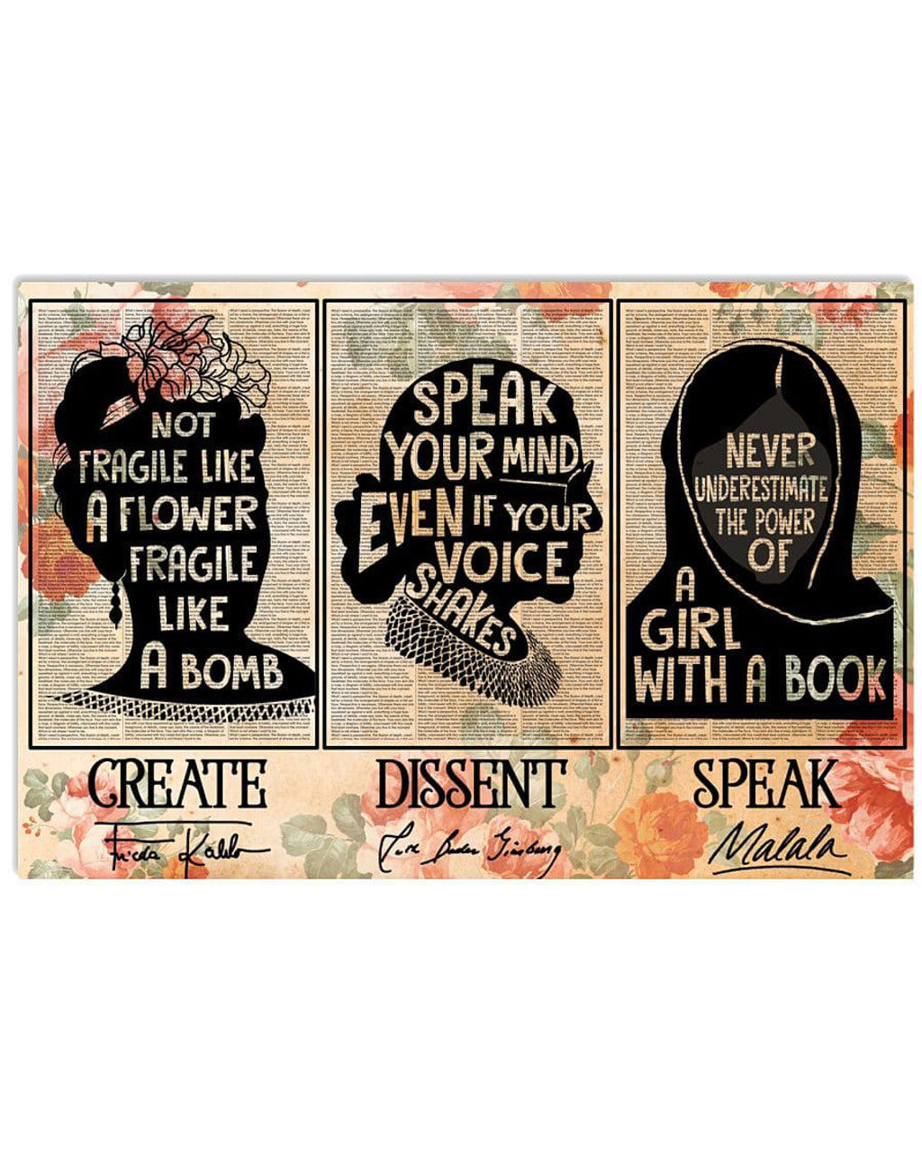 Frida Kahlo, Ruth Bader Ginsburg, Malala Poster, Not Fragile Like A Flower Fragile Like A Bomb Poster and Canvas