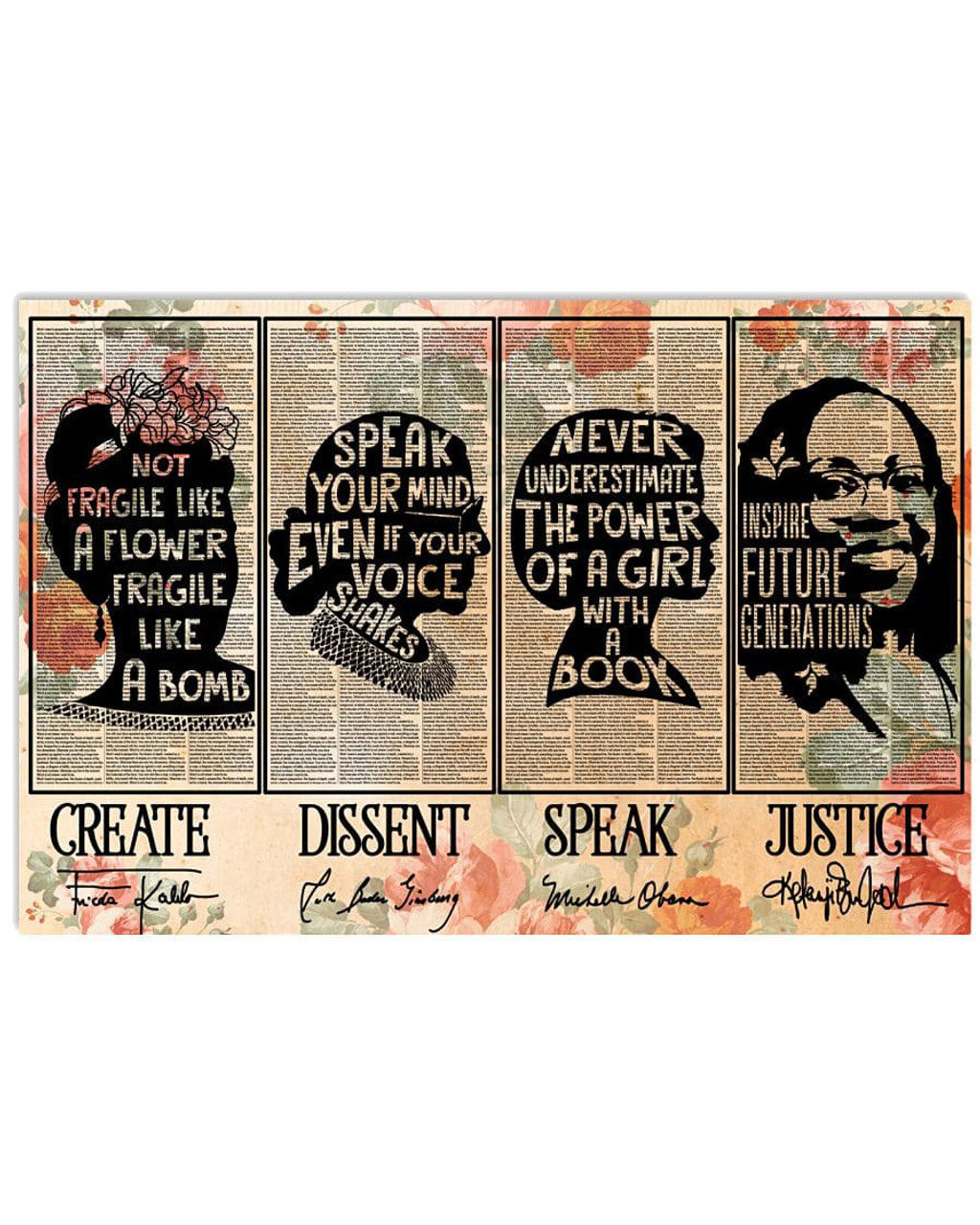 Frida Kahlo, Ruth Bader Ginsburg, Michelle Obama, Feminist Poster, Not Fragile Like A Flower Fragile Like A Bomb Poster and Canvas