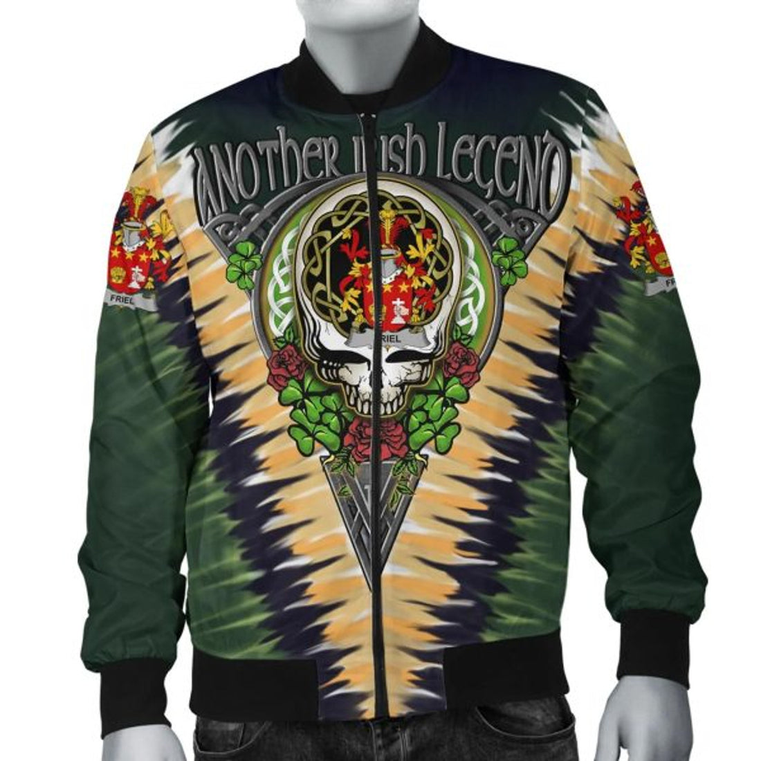 FUNSTUFFPRINT Friel or O'Friel Ireland Bomber Jacket - GD Irish Legend Shamrock V Tie-Dye Bomber Jacket