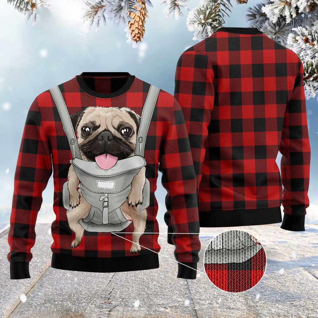 FUNSTUFFPRINT Front Carrier Dog Pug Ugly Christmas Sweater, Dog Ugly Christmas Sweater, Ugly Dog Sweaters Ugly  Sweater