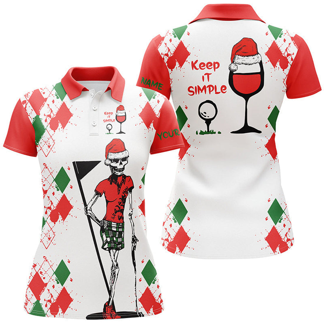 Custom Funny Christmas Womens Golf Polo Shirt Golf Skull Keep It Simple Golf Wine Custom Christmas Golf Gifts, Perfect Gift For Women