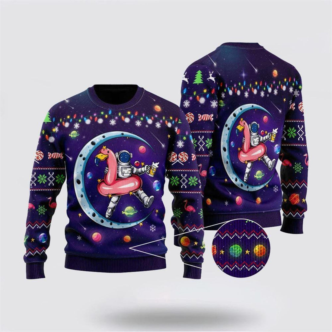 FUNSTUFFPRINT Funny Astronauts Sit On Flamingo Floats In Space With The Planet Ugly Christmas Sweater – Christmas Gifts For Frends Ugly  Sweater