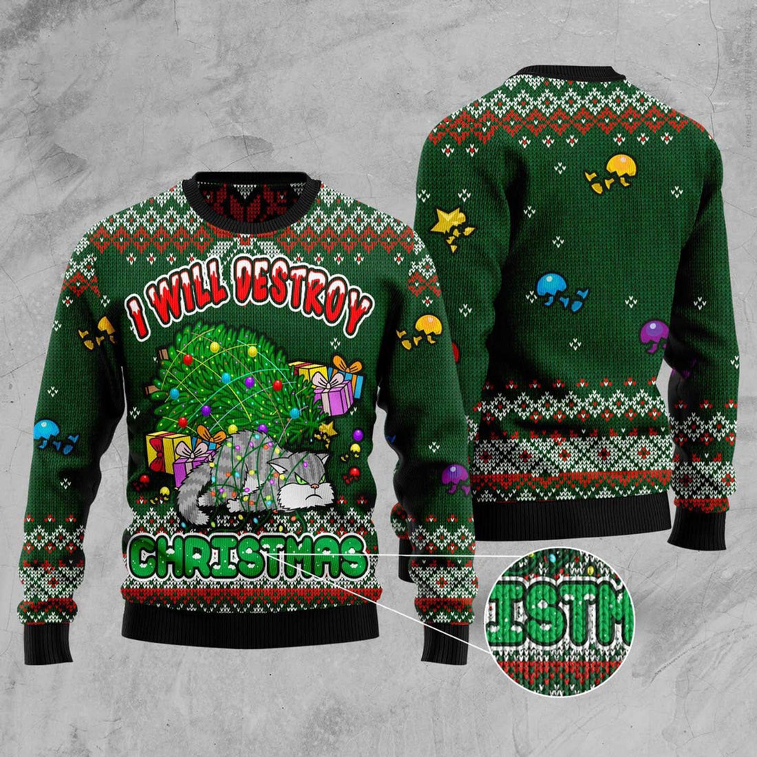 FUNSTUFFPRINT Funny Cat I Will Destroy Christmas Ugly Christmas Sweater, Christmas Cat Ugly Sweater, Ugly Cat Xmas Sweater Ugly Sweater