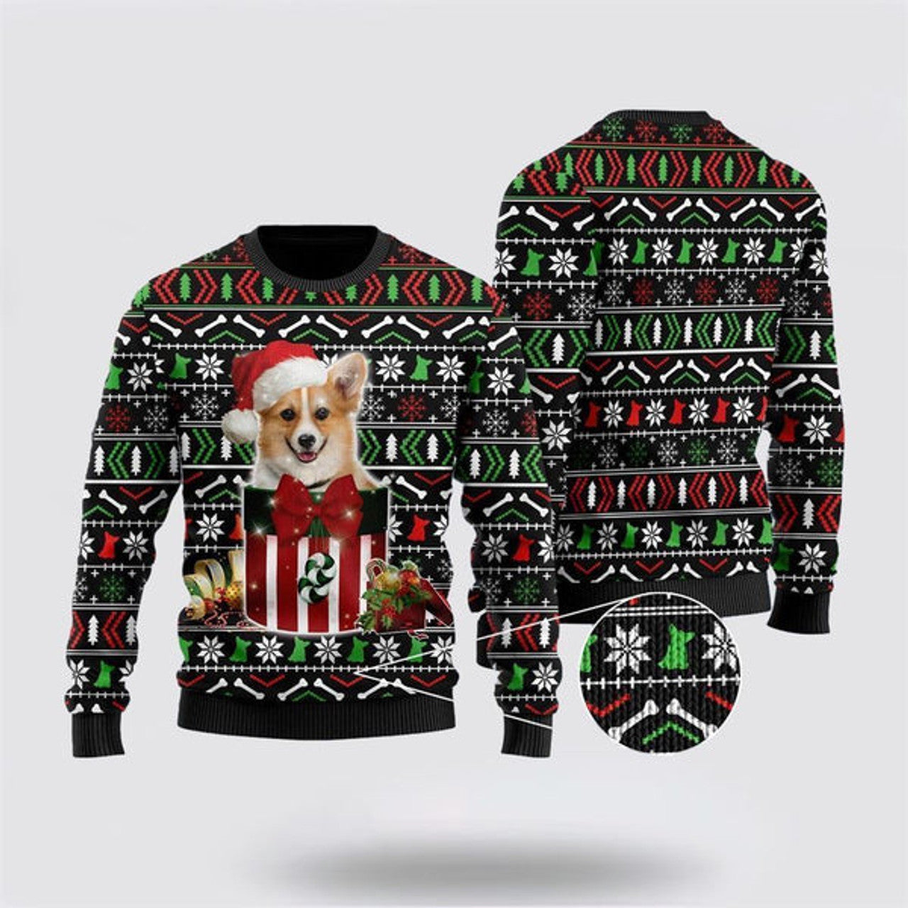 FUNSTUFFPRINT Funny Corgi In The Gift Box Ugly Ugly Christmas Sweater For Men And Women, Gift For Christmas, Best Winter Christmas Outfit Ugly  Sweater