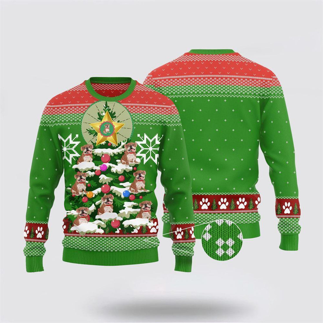 FUNSTUFFPRINT Funny Cute Bulldog Xmas Ugly Sweater Bulldog Tree Sweater - Pet Lover Christmas Sweater Ugly Sweater