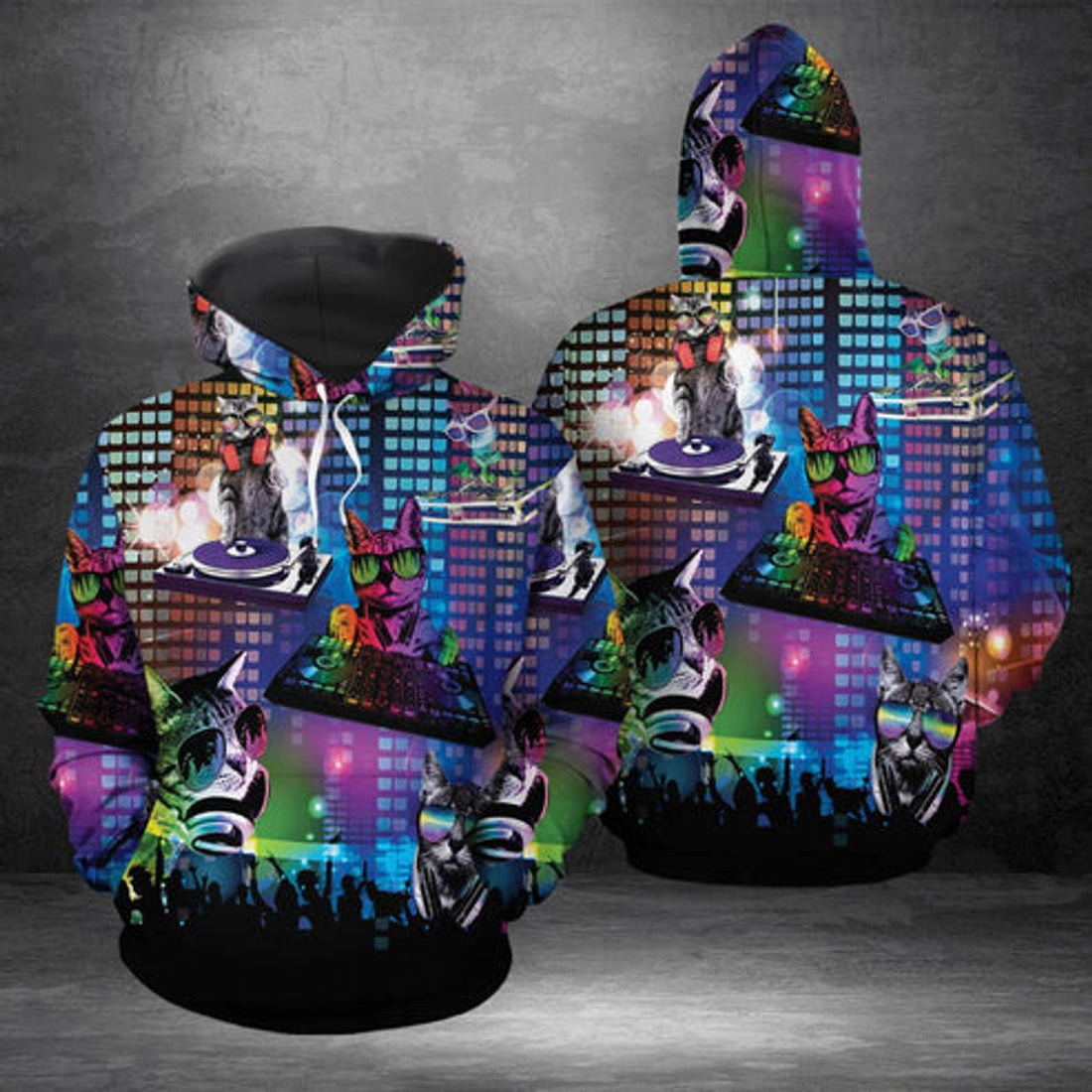 FUNSTUFFPRINT 3D Funny DJ Cat All Over 3D Hoodie and Zip Hoodie
