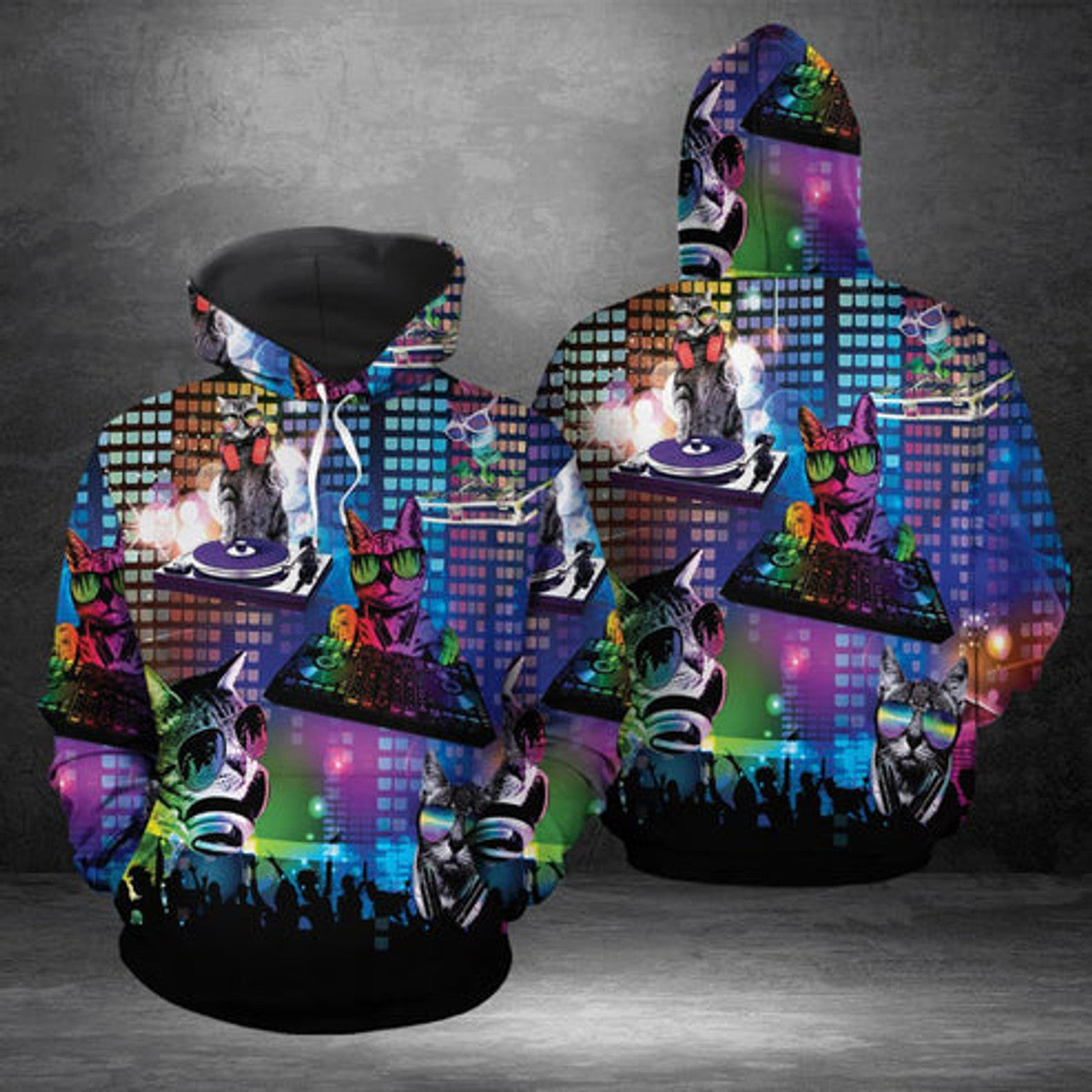 FUNSTUFFPRINT 3D Funny DJ Cat All Over 3D Hoodie and Zip Hoodie